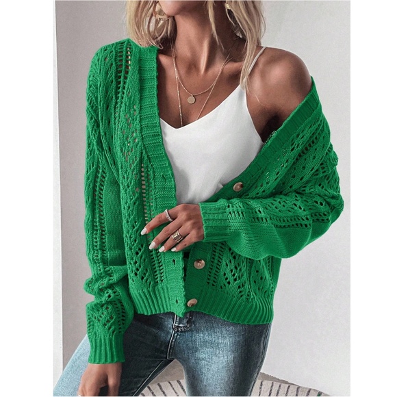 V-Cut Buttoned Green Light Cardigan Textured, Long Sleeve - Picture 7 of 8